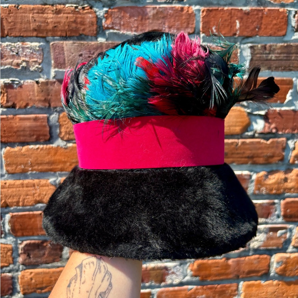Vintage Norman Durand Feather Hat - Bold Colorful Feathers, Faux Fur, Union Made